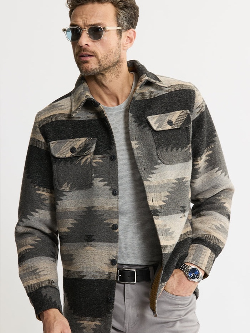 Jachs Unlined Wool Blend Overshirt Shacket Barn Coat in Sand Plaid Gray Blue L